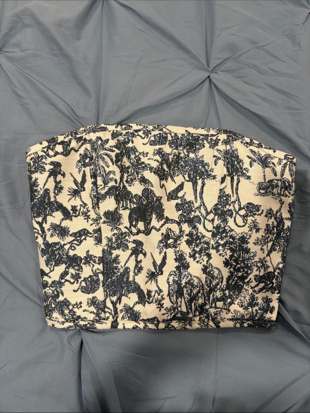 Women's Strapless Toile Jacquard Crop Top in White and Navy
